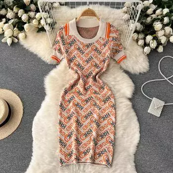 RUGOD Стиль Ретро Цветочная Сумка Темперамент Хип Трикотажное Платье Женская Талия Тонкое Девичье Платье Средней Длины