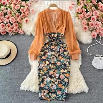 RUGOD Супер Фея женское платье с v-образным вырезом в стиле пэчворк с цветочным принтом женские тонкие платья с высокой талией модный халат 2022 One Size оранжевый