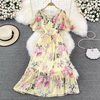 RUGOD Super Xiansen Series Тонкое шифоновое платье с высокой талией и v-образным вырезом с рюшами и цветочным принтом Морское праздничное длинное платье с буквами А-слово, летнее платье One Size бежевый