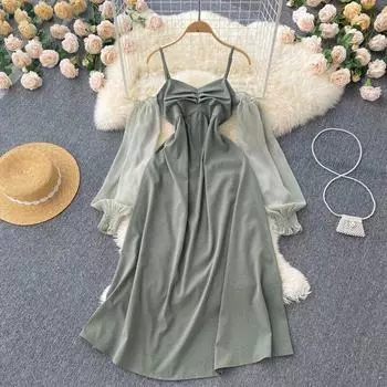 RUGOD Sweet Fairy с открытыми плечами и длинными рукавами, платье на подтяжках, женское весенне-летнее темпераментное длинное платье с тонкой талией и высокой талией