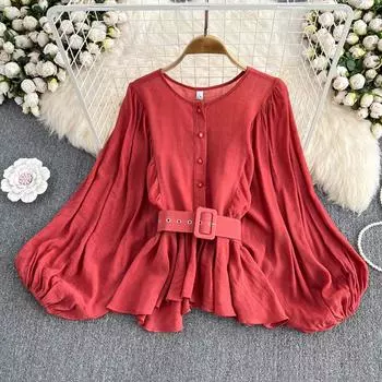 RUGOD Sweet, шифоновая рубашка с круглым вырезом и длинными рукавами, женская свободная рубашка, закрывающая живот One Sizre красный