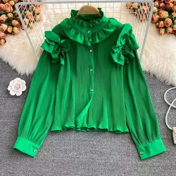 RUGOD Свободная и тонкая плиссированная рубашка с тонкими рукавами-фонариками и воротником-стойкой в стиле грибка в стиле дворцового стиля RUGOD, короткий топ в иностранном стиле One Size зелёный