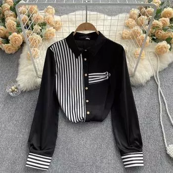 RUGOD Свободная полосатая рубашка с длинными рукавами контрастного цвета, топ, женская осенняя французская универсальная рубашка, красивая маленькая рубашка