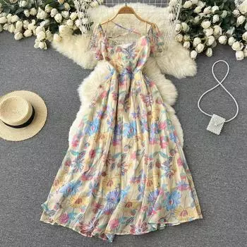 RUGOD Свободное и тонкое длинное платье с квадратным вырезом и короткими рукавами и цветочным принтом RUGOD, женское летнее платье с колокольчиком на талии