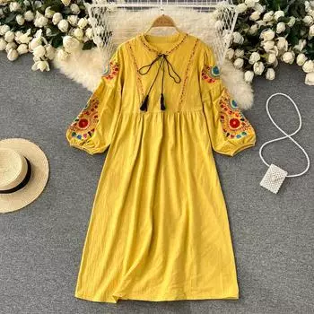 RUGOD свободное и тонкое свободное платье из хлопка и льна в богемном этническом стиле с вышитыми складками, женское кукольное платье с пышными рукавами