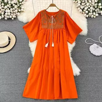 RUGOD Свободное платье большого размера в национальном стиле для женщин Элегантное ретро-отпускное кружевное платье миди с вышивкой и принтом One Size синий