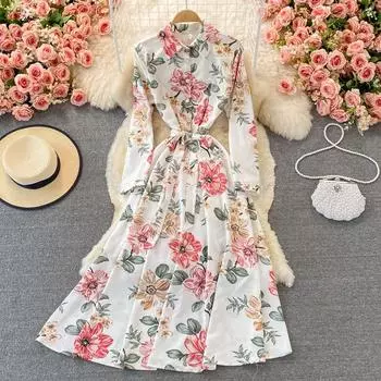 RUGOD свободное платье с лацканами с принтом, женское осеннее новое корейское платье, тонкое длинное платье с тонкой талией и высокой талией, большие качели One Size