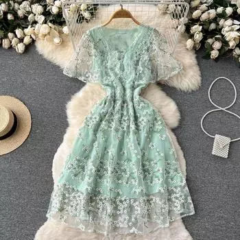 RUGOD Tea Break, французское высококачественное кружевное платье с v-образным вырезом, сетчатое платье с вышивкой, женское летнее темпераментное платье трапециевидной формы