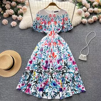 RUGOD Tea Break Высококачественное французское платье с принтом, женское летнее тонкое платье с высокой талией и большим размером, платье-миди трапециевидной формы