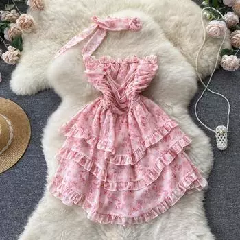 RUGOD Темпераментное платье без рукавов, лето 2022, новое короткое платье с рюшами на талии и цветочным принтом, праздничное платье на море