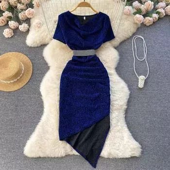 RUGOD Темпераментное платье с откидным воротником и блестками для лица, с короткими рукавами, облегающее платье нестандартной формы, длинное платье в европейском и американском стиле