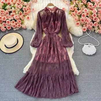 RUGOD Темпераментное женское платье с воротником-стойкой и пышными рукавами, кружевные платья, женские тонкие платья трапециевидной формы с высокой талией, осень 2022 г.