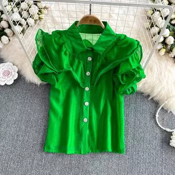 RUGOD Темпераментный шифоновый летний новый модный однобортный короткий топ с рюшами и ромбовидной пряжкой