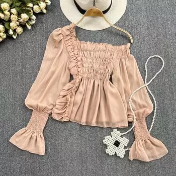 RUGOD Тонкая шифоновая рубашка с косым вырезом и открытыми плечами, дизайн Sense Niche, тонкая шифоновая рубашка с длинными рукавами, женский короткий топ