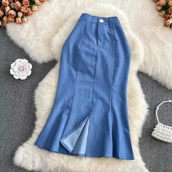 RUGOD, тонкая, средняя и длинная юбка с высокой талией, женская юбка с запахом на бедрах, лето 2022, однотонная универсальная тонкая джинсовая юбка «рыбий хвост»