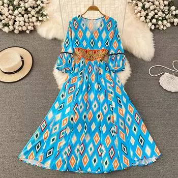 RUGOD Тонкое платье А-силуэта с v-образным вырезом на талии и принтом Свободное длинное платье