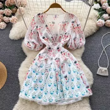 RUGOD Тонкое платье с пышными рукавами и талией, летнее женское короткое платье с v-образным вырезом и v-образным вырезом на берегу моря, короткое платье с цветочным принтом First Love