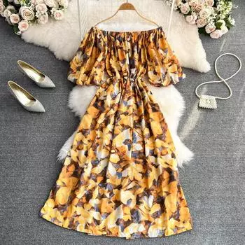 RUGOD Тонкое платье с рукавами-фонариками на одно плечо и открытыми плечами с высокой талией Темпераментное длинное платье Морское праздничное пляжное платье