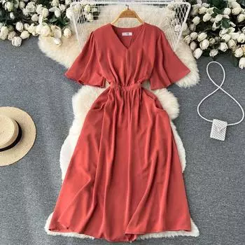 RUGOD Тонкое платье с v-образным вырезом и небольшой талией, летнее женское высококачественное платье-миди трапециевидной формы с короткими рукавами и холодным ветром One Size