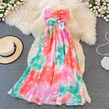 RUGOD Тонкое платье с высокой талией и карманом с принтом тай-дай Богемное свободное платье с открытыми плечами Длинное платье