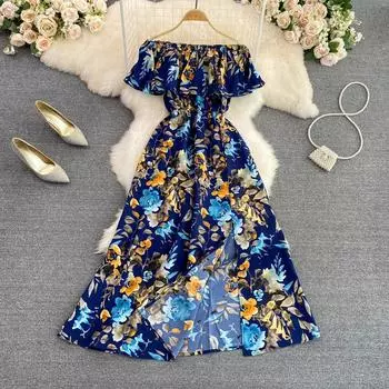 RUGOD Тонкое платье трапециевидной формы с разрезом и разрезом на одно плечо, с оборками и высокой талией, длинное платье большого размера для отдыха на море One Size