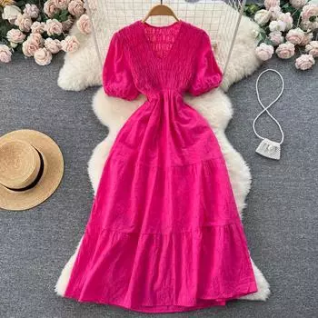 RUGOD Тонкое плиссированное платье с рукавами-фонариками на талии, осеннее женское длинное платье трапециевидной формы с приморским отдыхом на талии One Size чёрный