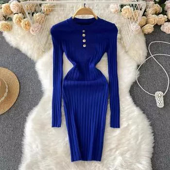 RUGOD Тонкое вязаное платье с длинными рукавами на талии Осеннее женское платье для похудения бедра
