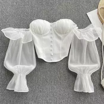 RUGOD Топ на одно плечо Женственный топ с открытыми плечами Высококачественная шифоновая рубашка с запахом ключицы на груди Рубашка в западном стиле с длинными рукавами One Size чёрный