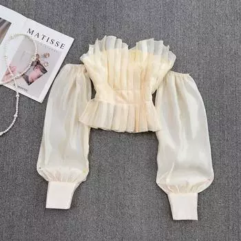 RUGOD Топ-рубашка женская весенняя мода с рюшами на талии и открытыми плечами Высококачественный тонкий короткий топ с длинными рукавами и фонариками