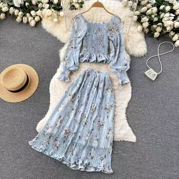 RUGOD Travel Shoot Праздничный шифоновый костюм женский с открытыми плечами, короткая рубашка с длинными рукавами, юбка с высокой талией, комплект из двух предметов One Size