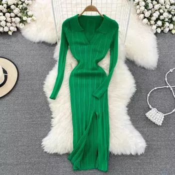RUGOD трикотажное платье с v-образным вырезом и длинными рукавами, женское осеннее облегающее платье с узкой сумкой и разрезом, длинное платье на бедрах One Size