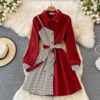 RUGOD твидовое клетчатое платье из двух частей, весеннее и осеннее, утягивающее талию платье миди с воротником-поло во французском стиле в стиле ретро One Size бежевый