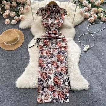 RUGOD Улучшенное платье Cheongsam для взрослых, женское платье с воротником-стойкой в стиле ретро, женское облегающее платье длиной до бедра S