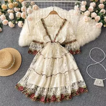 RUGOD Весенне-летнее новое дизайнерское пышное платье в дворцовом стиле с кружевной вышивкой, большое свободное платье M бежевый