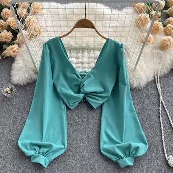 RUGOD Весенне-летний новый европейский и американский стиль, сексуальный глубокий v-образный вырез, излом, пузырь, длинный рукав, короткий пупок, открытая рубашка, топ