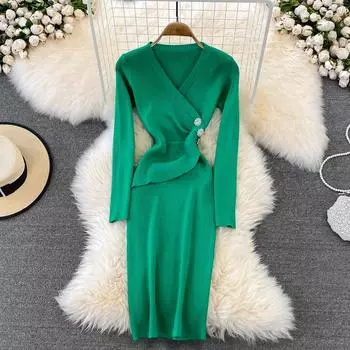 RUGOD Весенне-осеннее новое элегантное и сексуальное облегающее трикотажное платье с v-образным вырезом и длинными рукавами в стиле ретро One Size чёрный