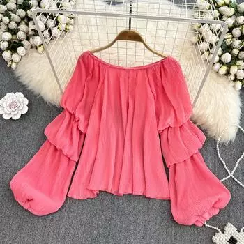 RUGOD Весенне-осенняя плиссированная шифоновая рубашка с открытыми плечами и рукавами в Европе и Америке, женский топ в западном стиле