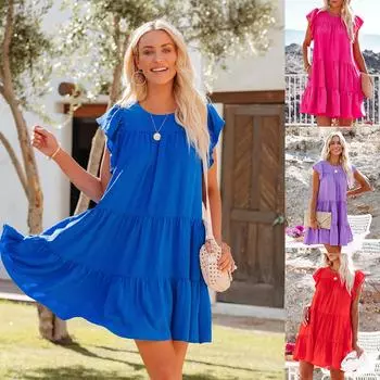 RUGOD Весеннее новое плиссированное свободное однотонное платье трапециевидной формы с короткими рукавами и круглым вырезом S синий