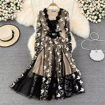 RUGOD Весеннее винтажное темпераментное кружевное платье с треугольным вырезом и объемной вышивкой бабочки Элегантное темпераментное большое распашное платье с буквой А-слово