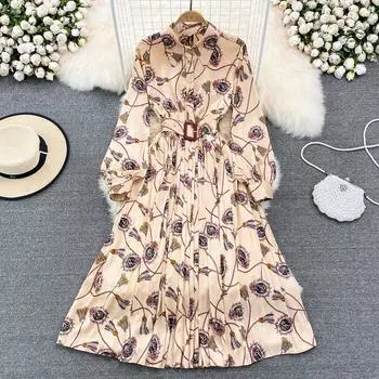 RUGOD Весеннее высококачественное тонкое плиссированное платье с лацканами на талии, элегантное длинное платье трапециевидной формы S бежевый