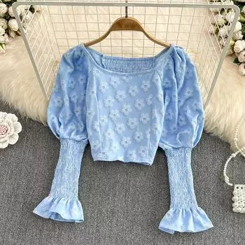 RUGOD Весенняя ретро облегающая рубашка с объемными цветочными рукавами и квадратным воротником с открытой ключицей, женский шикарный короткий топ