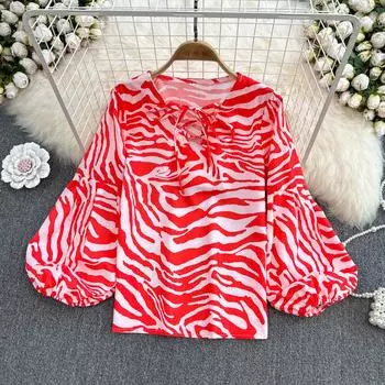 RUGOD Весенняя свободная шифоновая рубашка с v-образным вырезом и принтом зебры, длинными рукавами, женский модный топ в иностранном стиле