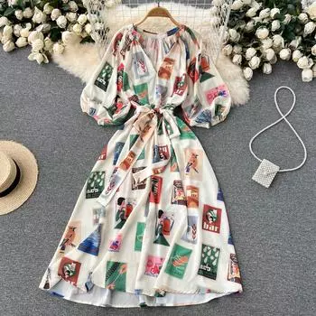 RUGOD Весна и лето Новое европейское и американское праздничное платье средней длины с v-образным вырезом и рукавами-фонариками One Size