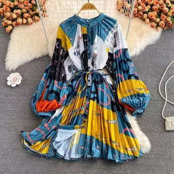 RUGOD Весна и осень популярно в Европе и Америке. Свободное платье средней длины из атласа с принтом и круглым вырезом. One Size