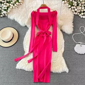 RUGOD Весна и осень с открытой ключицей и квадратным воротником, облегающее и облегающее трикотажное платье средней длины с бедрами One Size чёрный