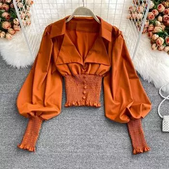 RUGOD Винтажная женская блузка однотонная с v-образным вырезом и длинными рукавами, женская тонкая туника с высокой талией, женская универсальная мода 2021