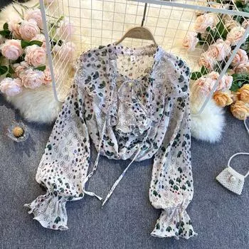 RUGOD Винтажная женская блузка, стильная свободная шифоновая рубашка с пышными рукавами и цветочным принтом, женская универсальная модная туника 2022