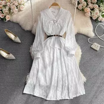 RUGOD Винтажное тонкое распашное платье трапециевидной формы с длинными рукавами и v-образным вырезом на талии, женская длинная юбка M чёрный