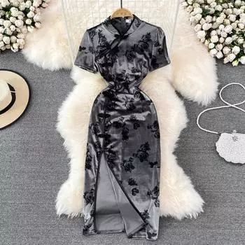 RUGOD Винтажное улучшенное Cheongsam с розовым разрезом и короткими рукавами, тонкое и длинное стильное золотое бархатное платье с воротником-стойкой S серый