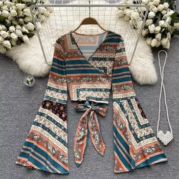 RUGOD Винтажный принт Зашнурованный с длинными рукавами Рубашка Осень Женская V-образный вырез Рубашка Красивая Маленькая Рубашка